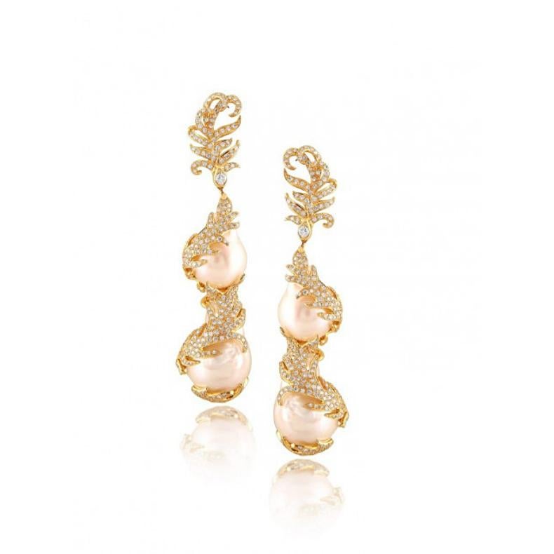 Modern Yellow Gold Baroque Pearl Earrings Set with Diamonds, 104.83 Carat