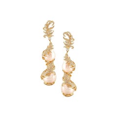 Yellow Gold Baroque Pearl Earrings Set with Diamonds, 104.83 Carat