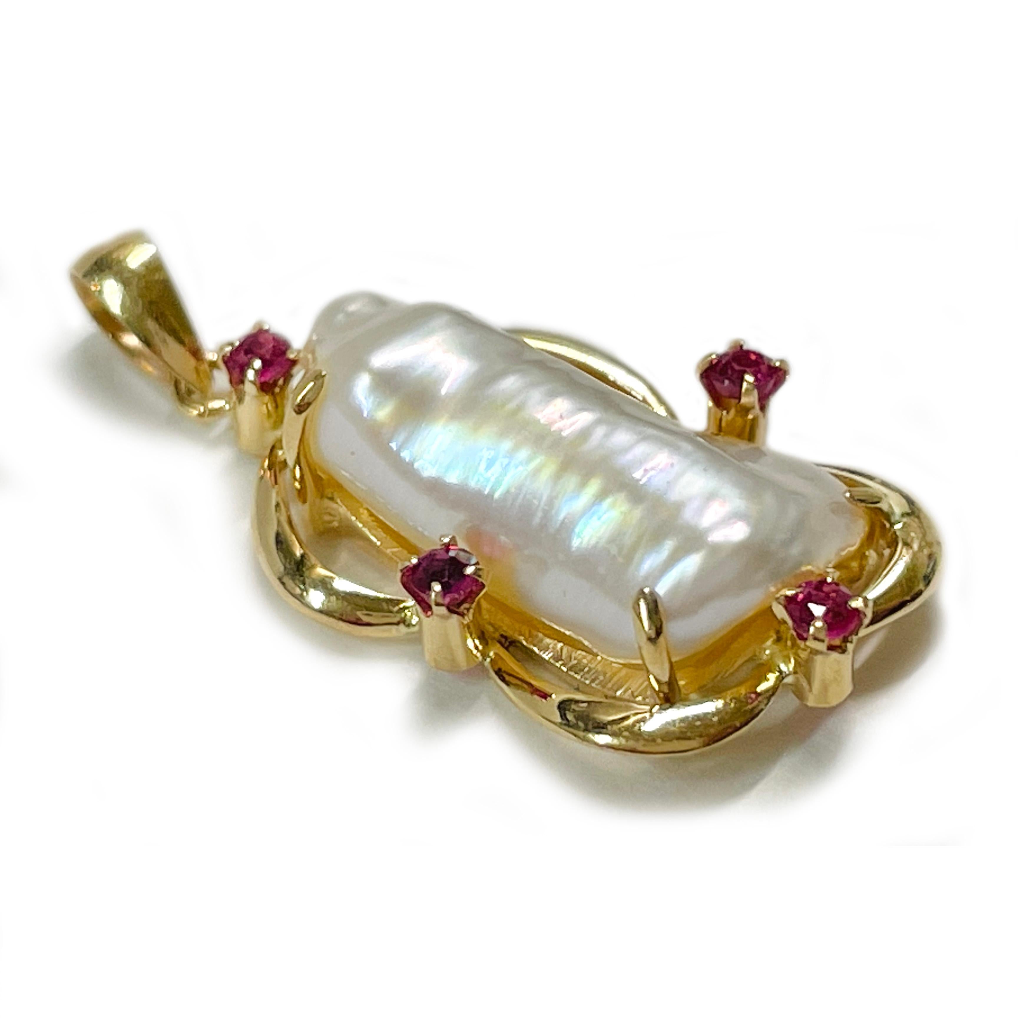 Contemporary Yellow Gold Baroque Pearl Ruby Pendant For Sale