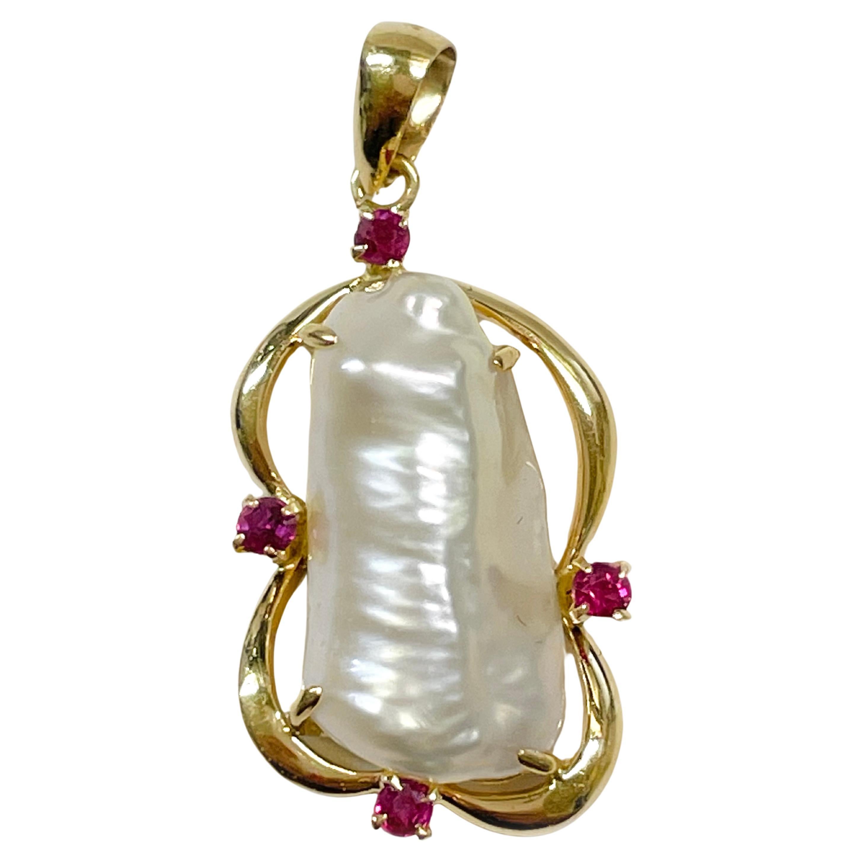Yellow Gold Baroque Pearl Ruby Pendant For Sale