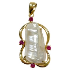 Retro Yellow Gold Baroque Pearl Ruby Pendant