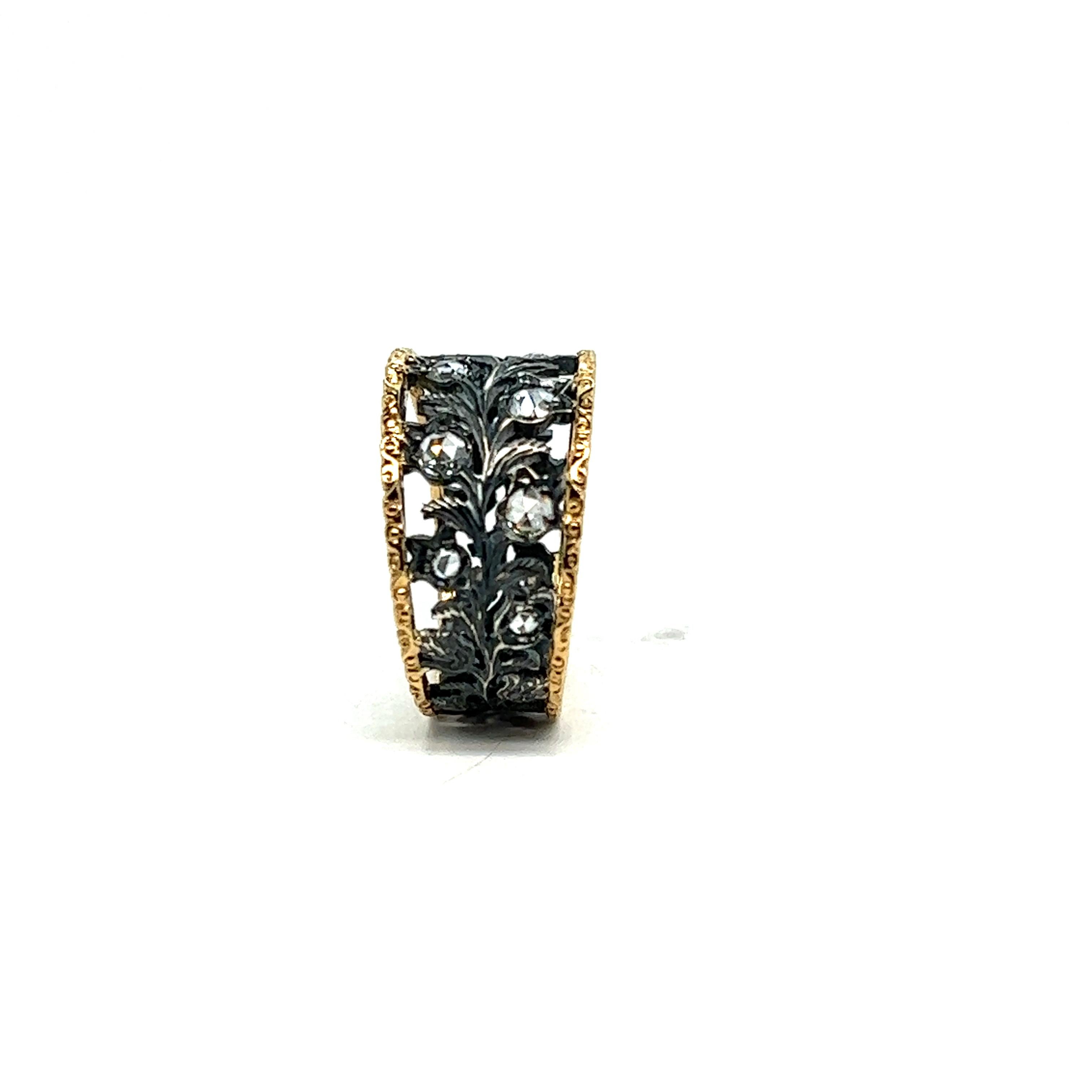 Rose Cut Yellow Gold Baroque Ring, Silver, 10 Pink Diamonds, Antique Cut, Flower Design