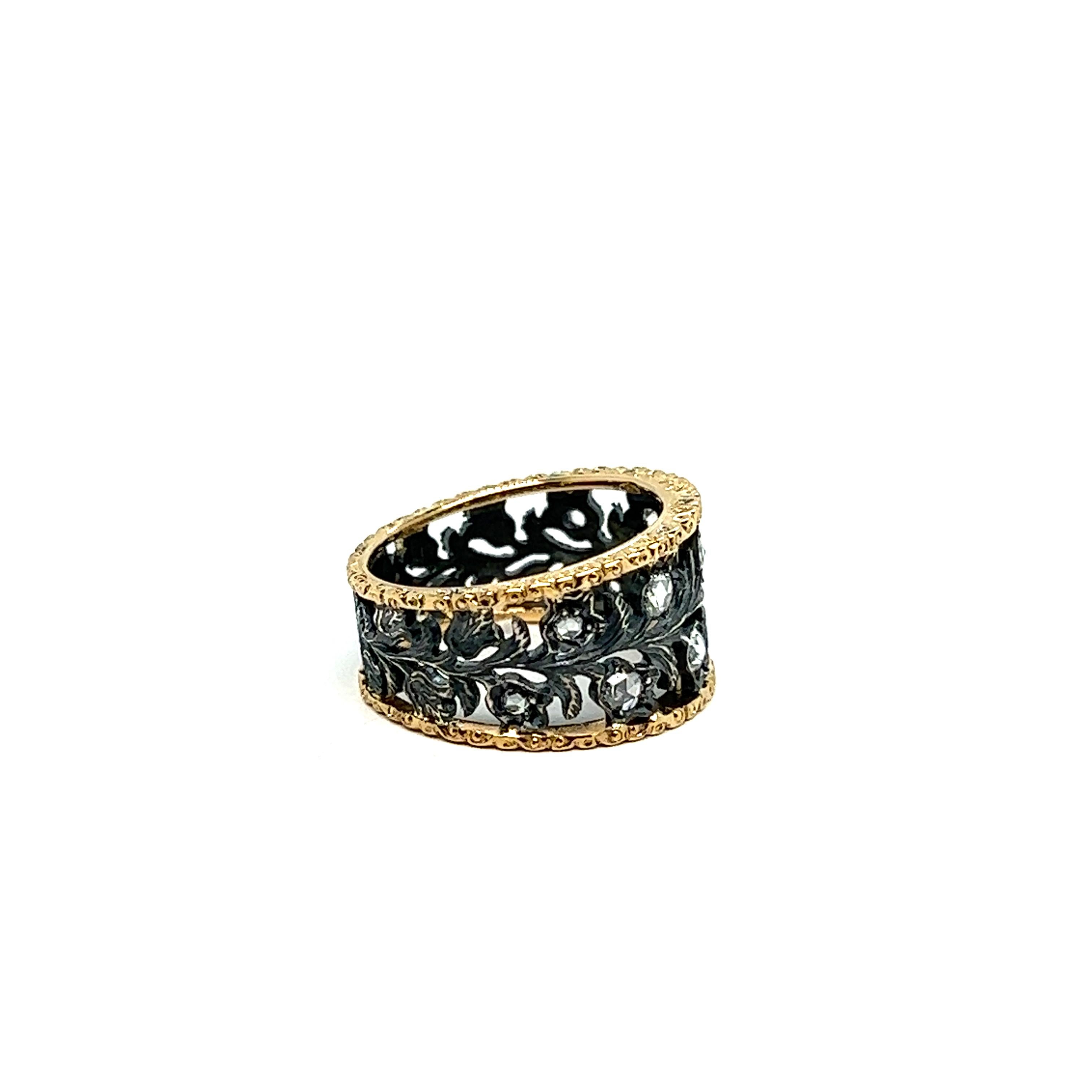 Women's or Men's Yellow Gold Baroque Ring, Silver, 10 Pink Diamonds, Antique Cut, Flower Design