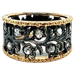 Yellow Gold Baroque Ring, Silver, 10 Pink Diamonds, Antique Cut, Flower Design