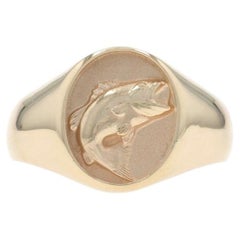 Yellow Gold Bass Signet Men's Ring - 10k Fishing
