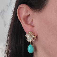 Yellow Gold Bee Drop Earrings Featuring Turquoise and Mother of Pearl