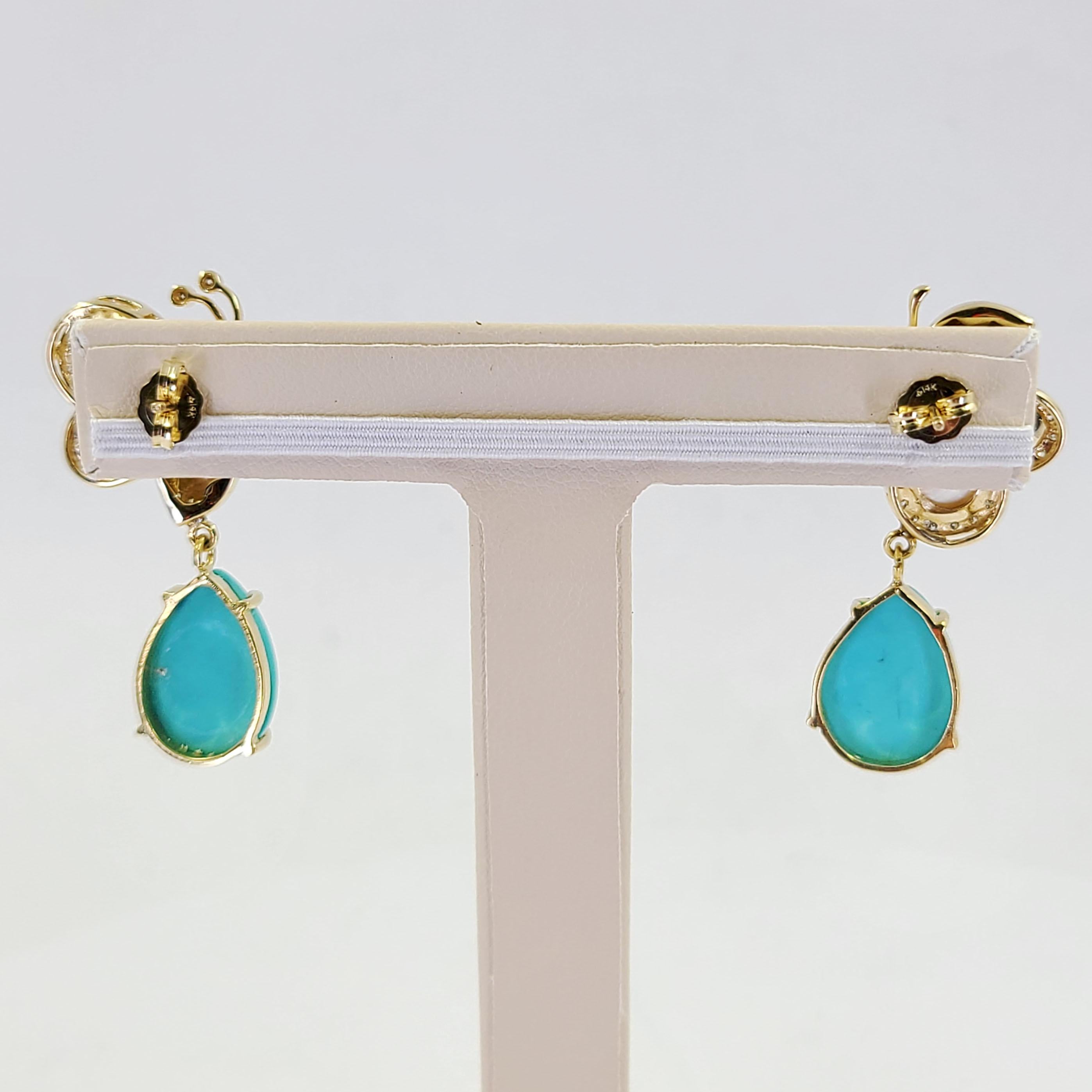 Cabochon Yellow Gold Bee Drop Earrings Featuring Turquoise and Mother of Pearl