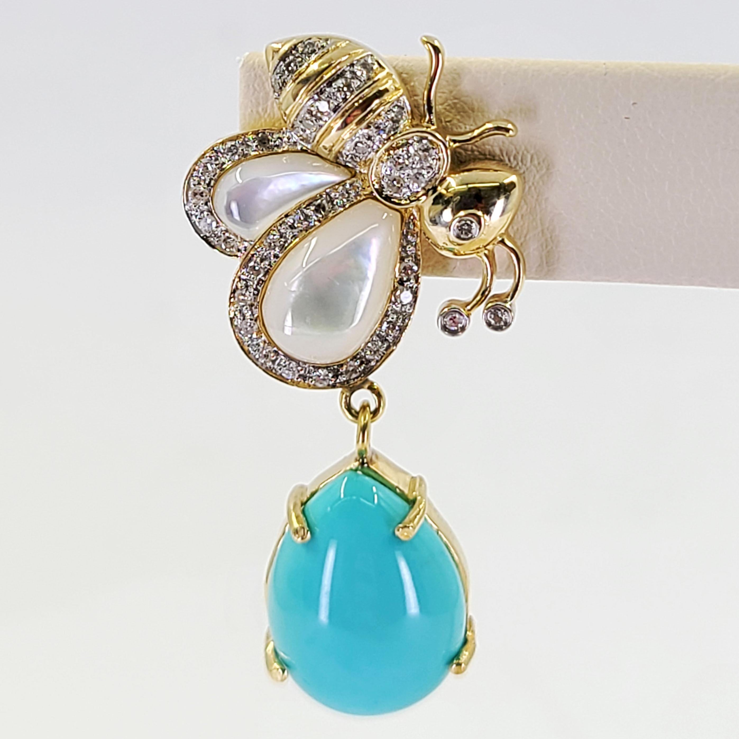 Yellow Gold Bee Drop Earrings Featuring Turquoise and Mother of Pearl In Good Condition In Coral Gables, FL