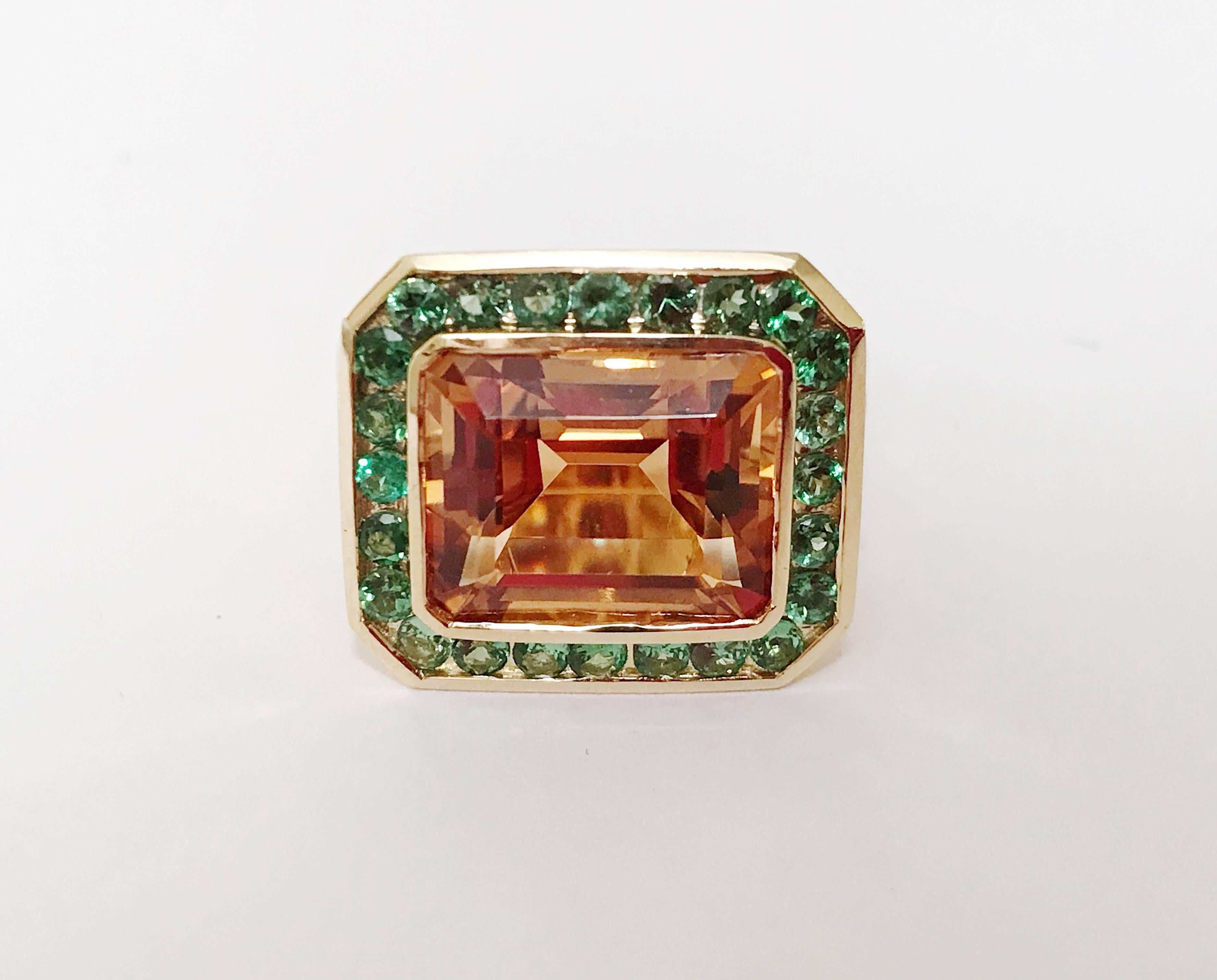 Emerald Cut Yellow Gold Bezel Set Citrine with Surrounding Tsavorite Ring For Sale