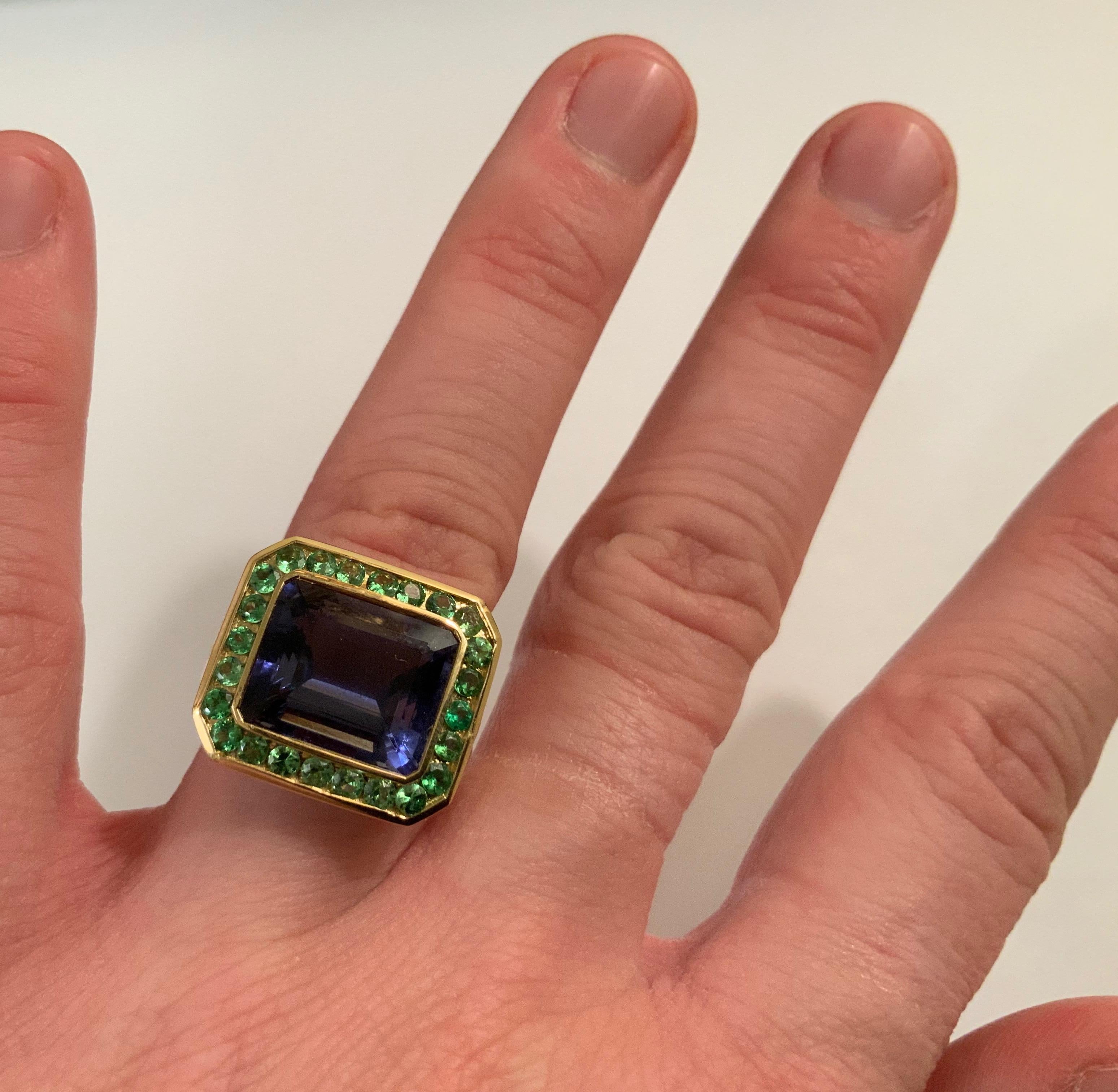 Bague en or jaune sertie d'un chaton en iolite et entourée d'un grenat vert en vente 6