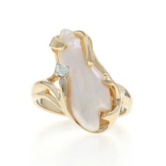 Yellow Gold Biwa Pearl Diamond Ring - 14k