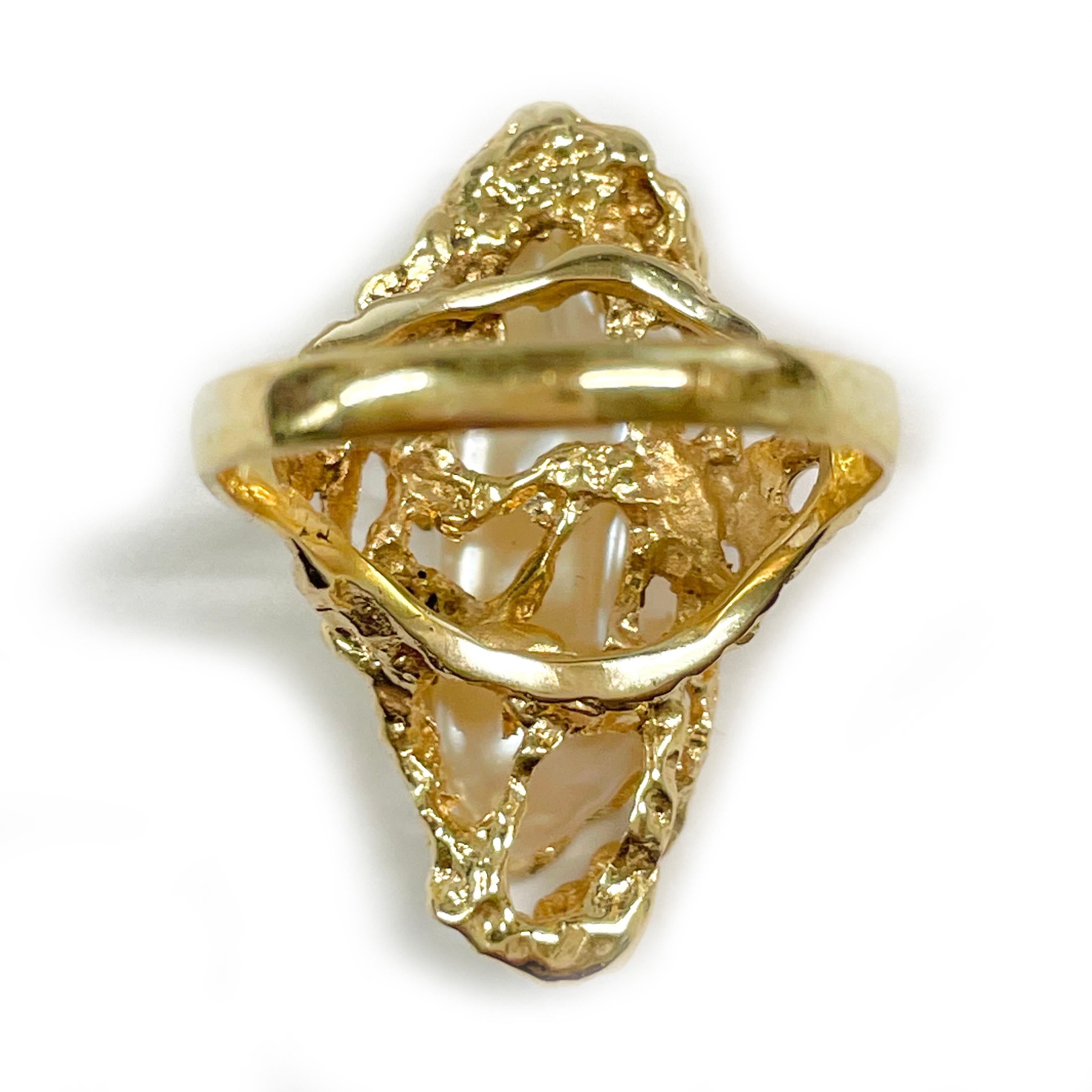 Retro Yellow Gold Biwa Stick Pearl Ring For Sale