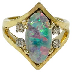 Retro Yellow Gold Black Austrialian Opal Diamond Ring