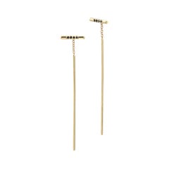 Yellow Gold Black Diamond Bar Threader Earrings