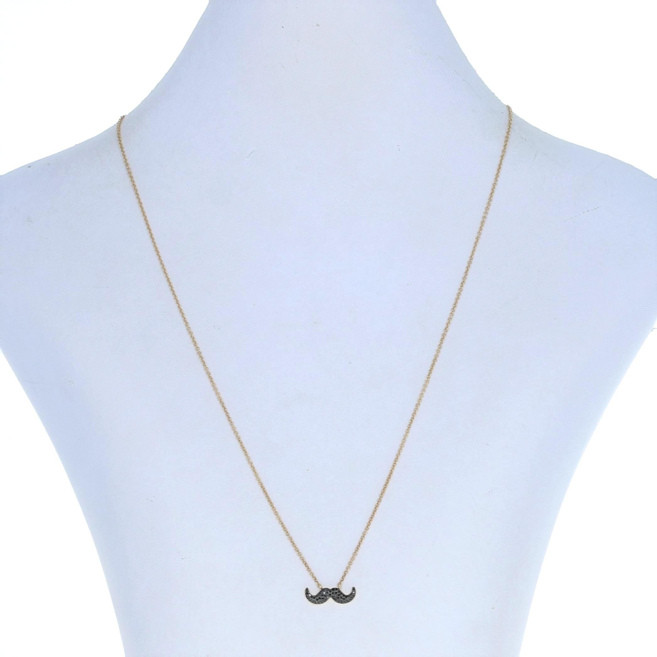 Metal Content: 14k Yellow Gold 

Stone Information: 
Natural Diamonds
Treatment: Color Enhanced
Total Carats: .12ctw
Cut: Single 
Color: Black   

Chain Style: Cable
Fastening Type: Lobster Claw Clasp
Theme: Handlebar Mustache 

Attached Pendant