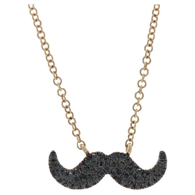 Yellow Gold Black Diamond Mustache Necklace, 14k Single Cut .12ctw Adjustable