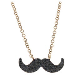 Retro Yellow Gold Black Diamond Mustache Necklace, 14k Single Cut .12ctw Adjustable