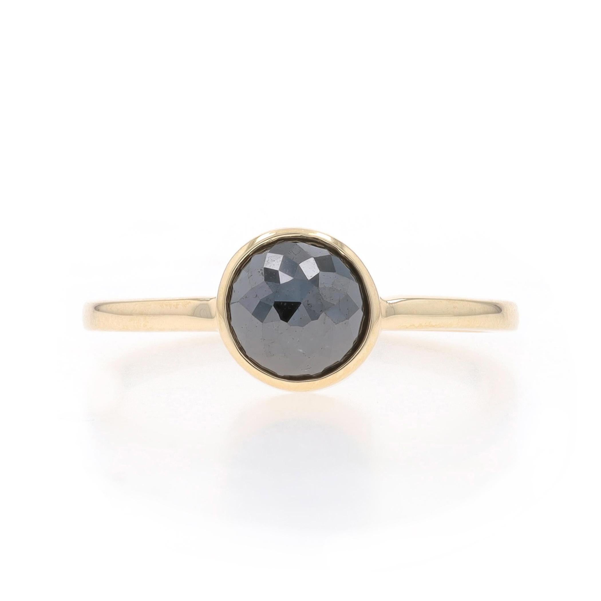 Size: 8 1/4
Sizing Fee: Up 3 sizes for $35 or Down 3 sizes for $35

Metal Content: 14k Yellow Gold

Stone Information
Natural Diamond
Treatment: Color Enhanced
Carat(s): 1.00ct
Cut: Rose
Color: Black

Total Carats: 1.00ct

Style: Solitaire
Features: