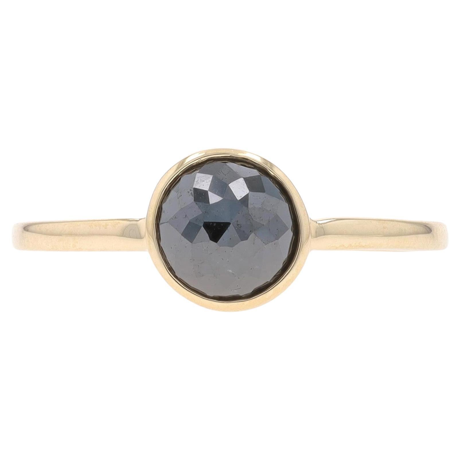 Yellow Gold Black Diamond Solitaire Ring - 14k Rose 1.00ct Bezel Set Treated For Sale