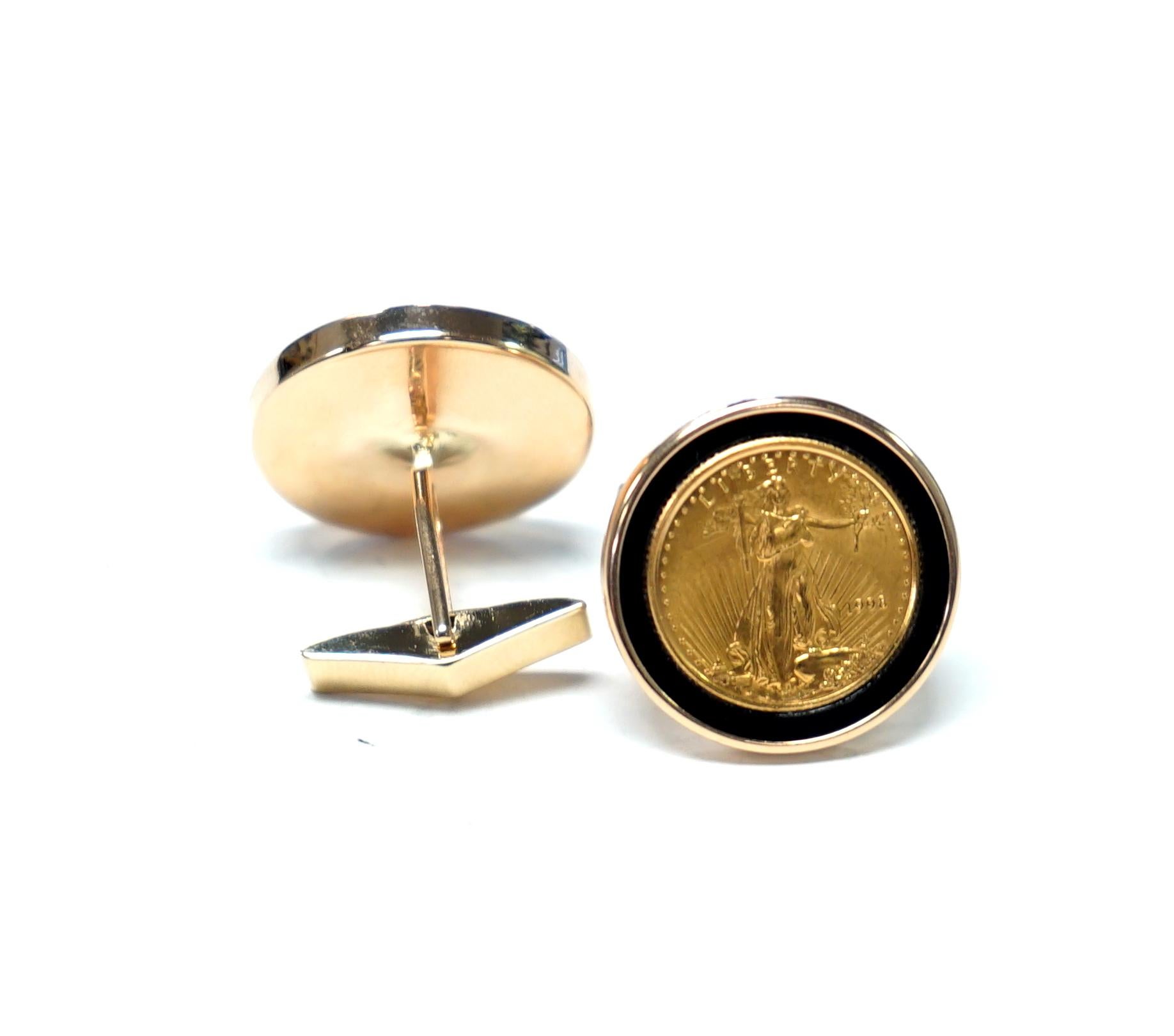 Manschettenknöpfe aus Gelbgold und schwarzer Emaille, 1998 Liberty Coin im Zustand „Gut“ im Angebot in Dallas, TX