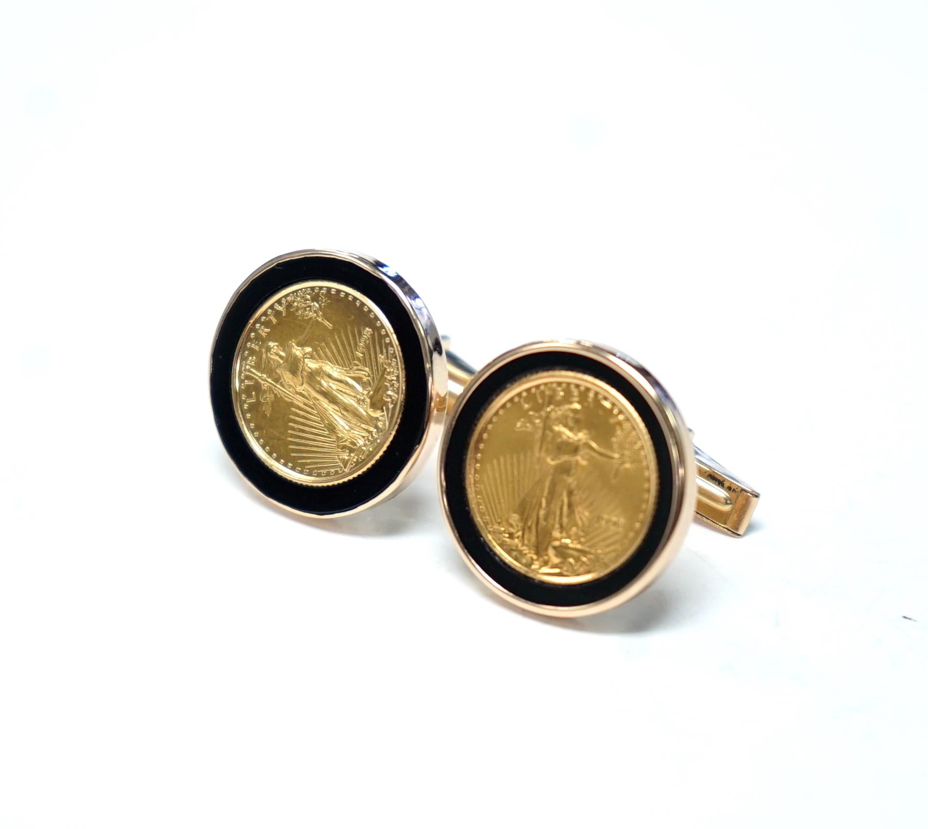 Manschettenknöpfe aus Gelbgold und schwarzer Emaille, 1998 Liberty Coin im Angebot 1