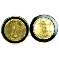 Boutons de manchette en or jaune et émail noir avec pièce de monnaie Liberty, 1998