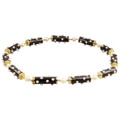 Yellow Gold Black Enamel and Pearl Necklace