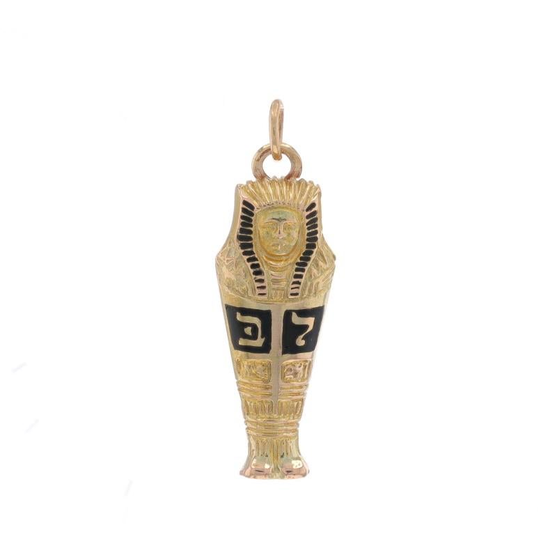 Metal Content: 14k Yellow Gold

Material Information

Material: Enamel
Color: Black

Theme: Egyptian Sarcophagus

Measurements

Tall (from stationary bail): 29/32