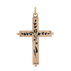 Yellow Gold Black Enamel Victorian Cross Pendant - 10k Floral Faith Antique