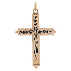 Yellow Gold Black Enamel Victorian Cross Pendant - 10k Floral Faith Antique