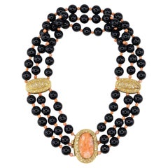 Yellow Gold, Black Onyx, Coral Cameo, and Diamond Three-Strand Statement Necklac