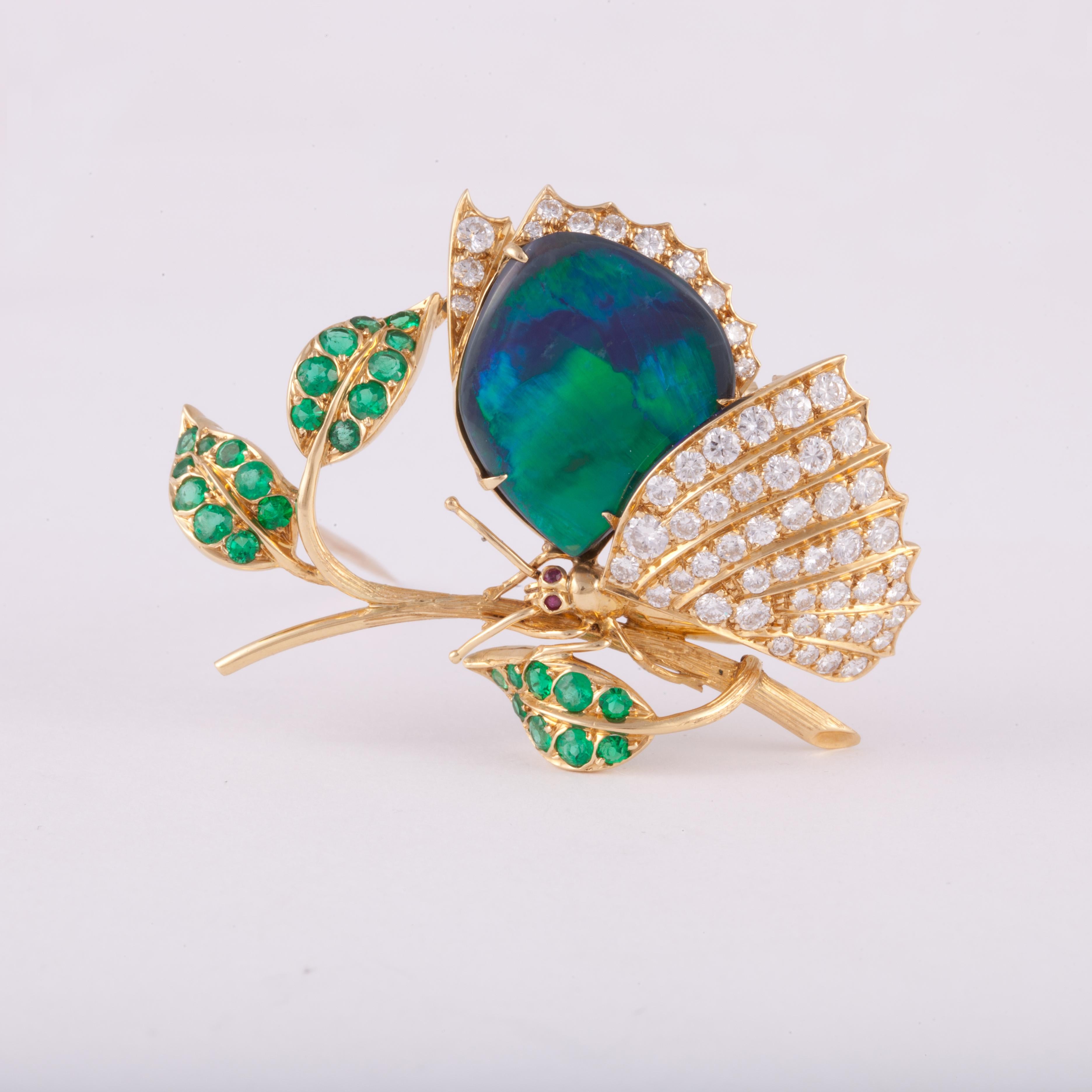 Yellow Gold Black Opal Butterfly Pin In Good Condition In Houston, TX