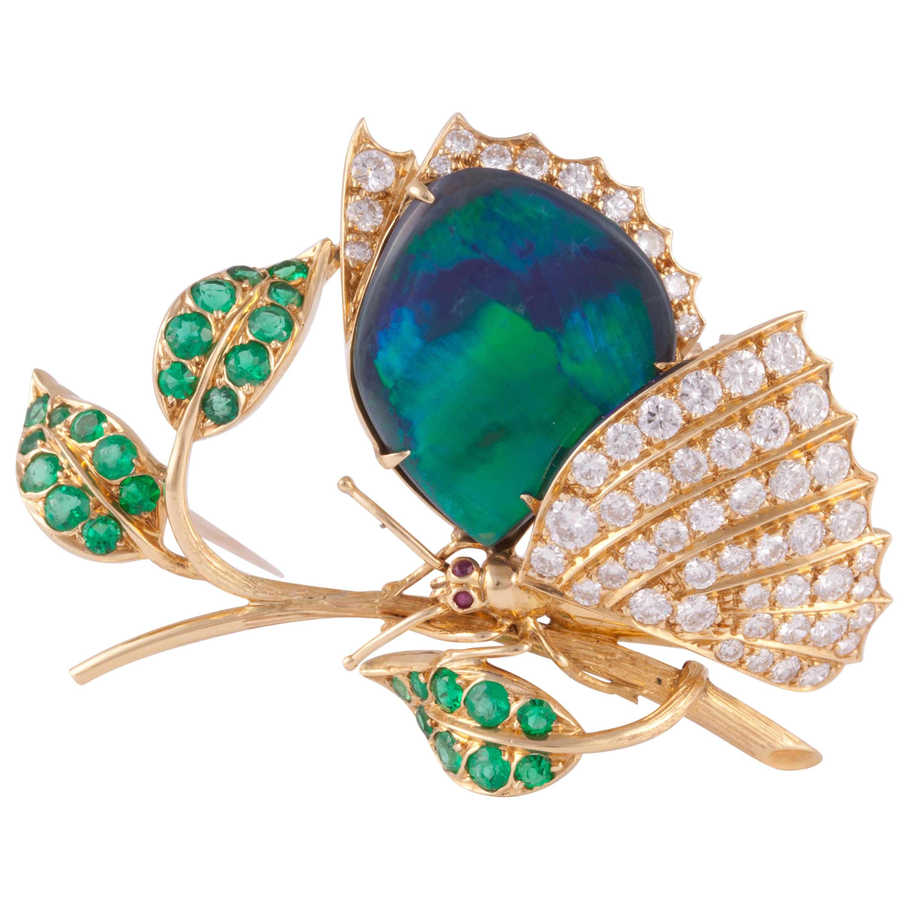Yellow Gold Black Opal Butterfly Pin