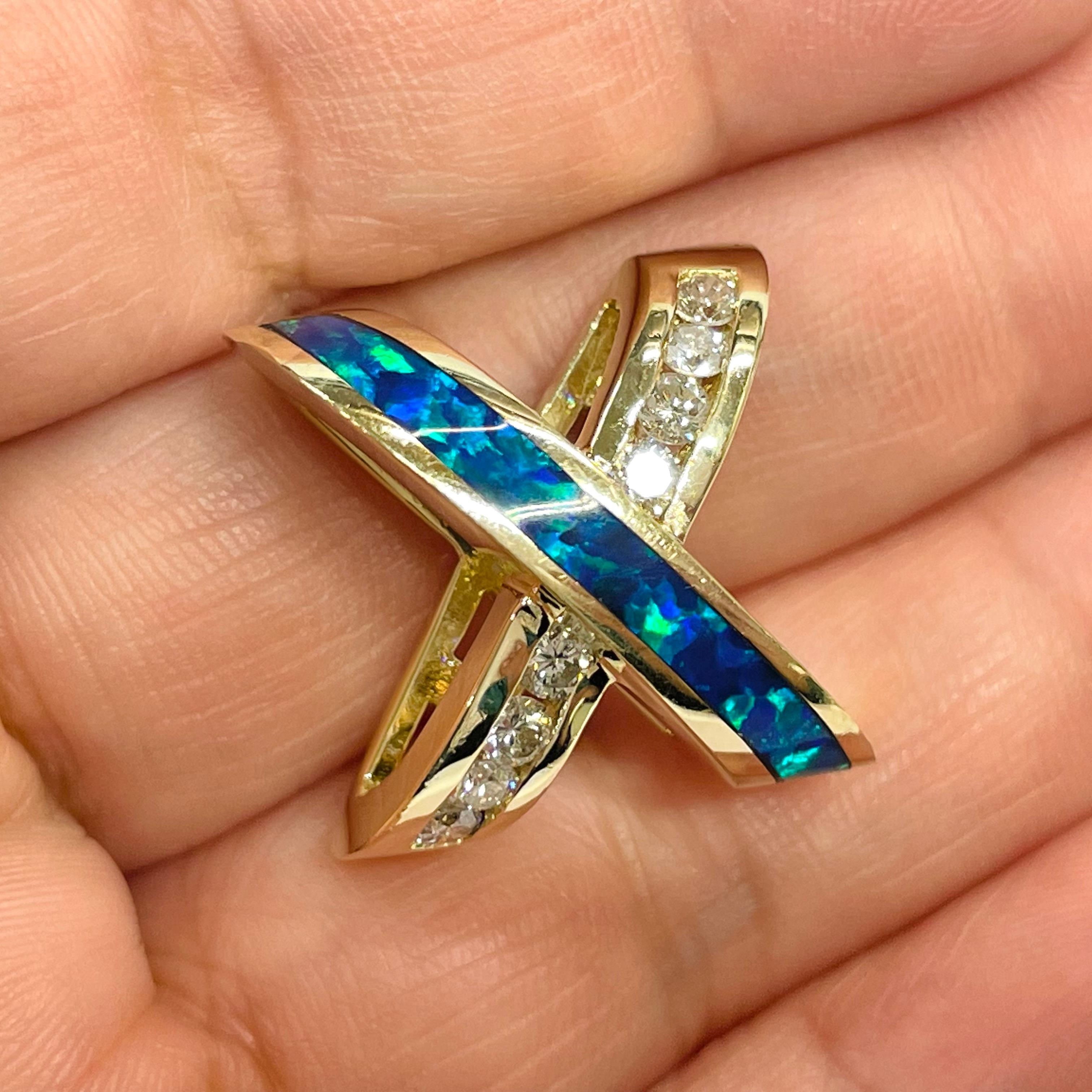 Yellow Gold Black Opal Slider X Pendant In Good Condition For Sale In Palm Desert, CA