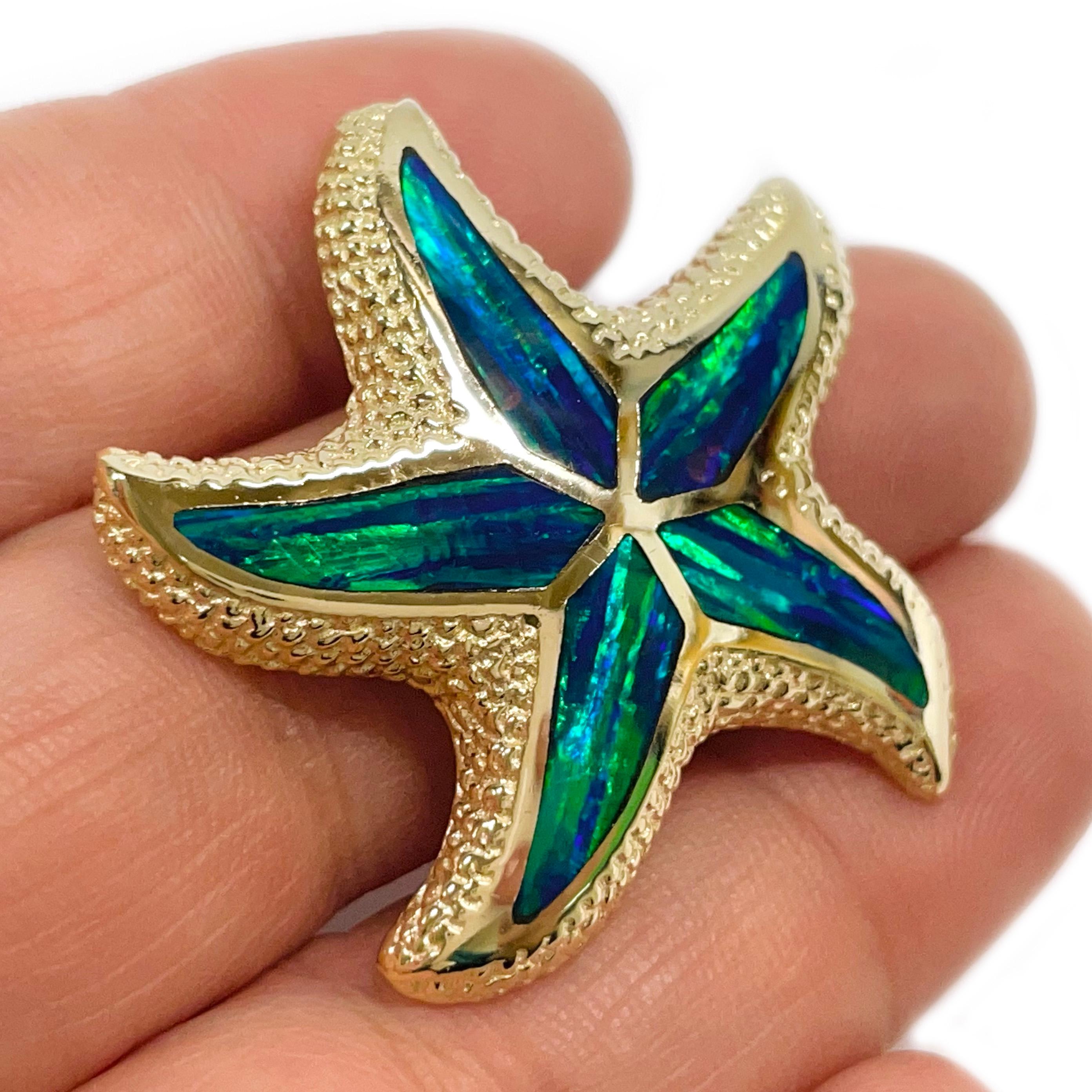 Cabochon Yellow Gold Black Opal Starfish Pendant For Sale