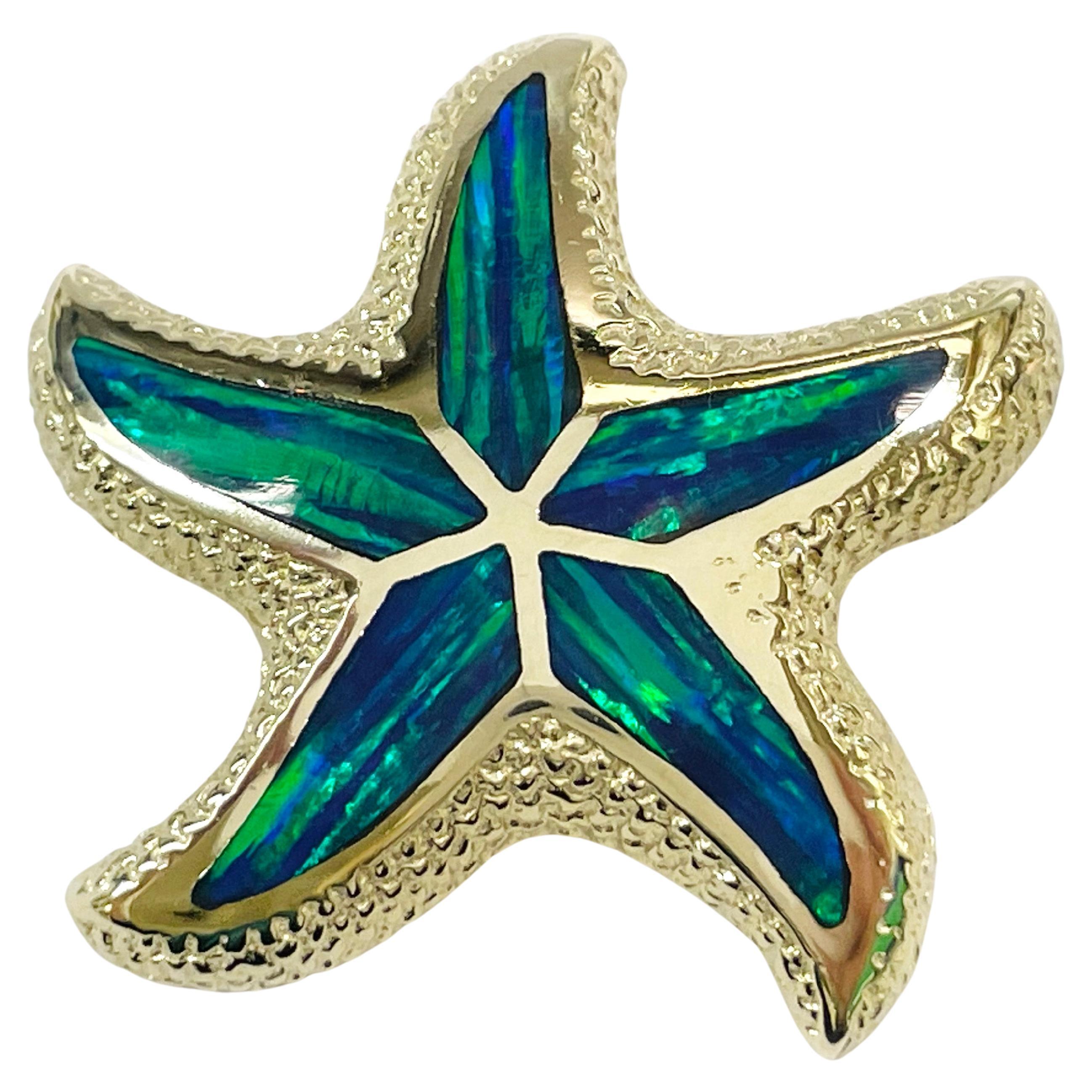 Yellow Gold Black Opal Starfish Pendant For Sale