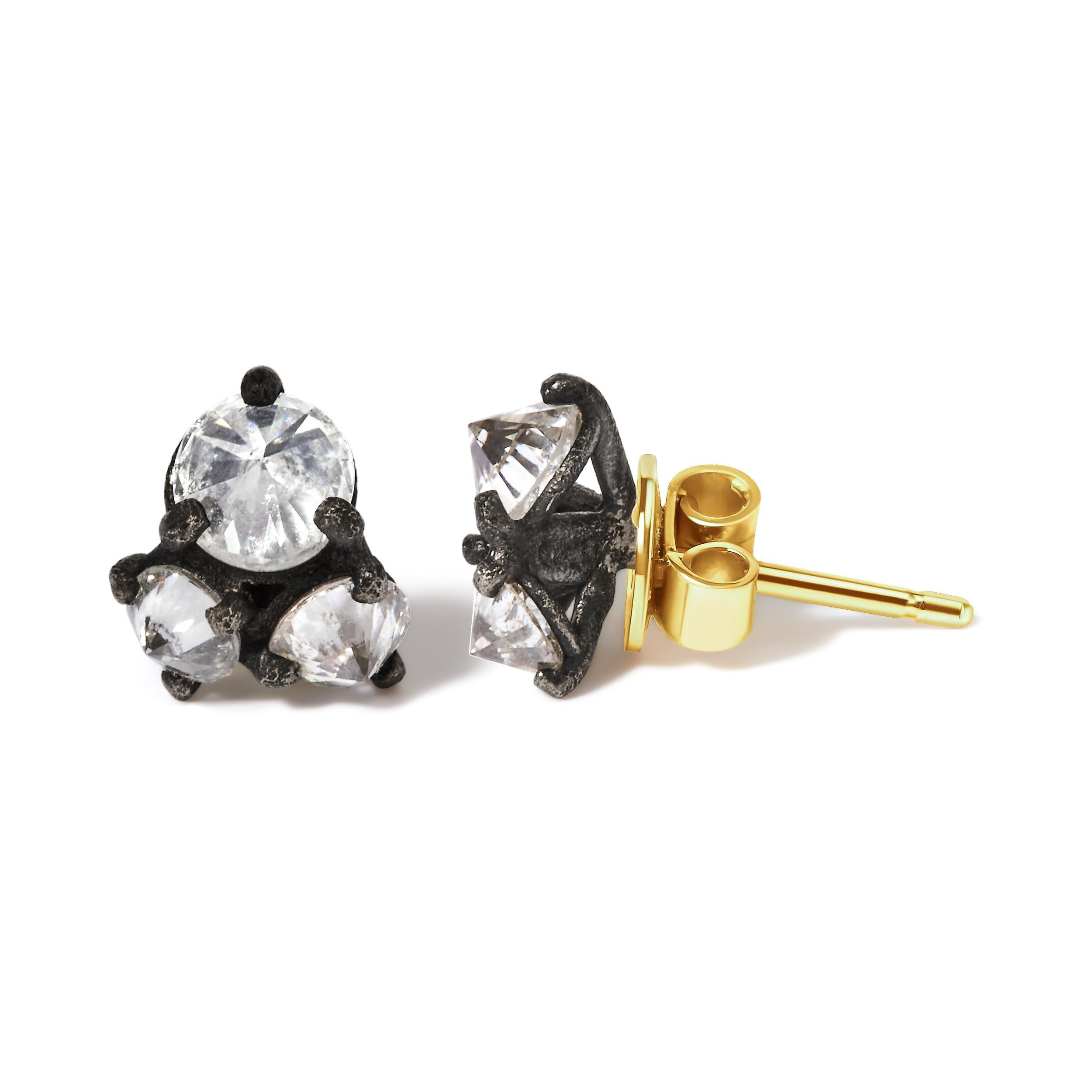 Moderne Boucles d'oreilles Trio en or jaune et or noir oxydé serties à l'envers de 1 1/4 carat de diamants en vente
