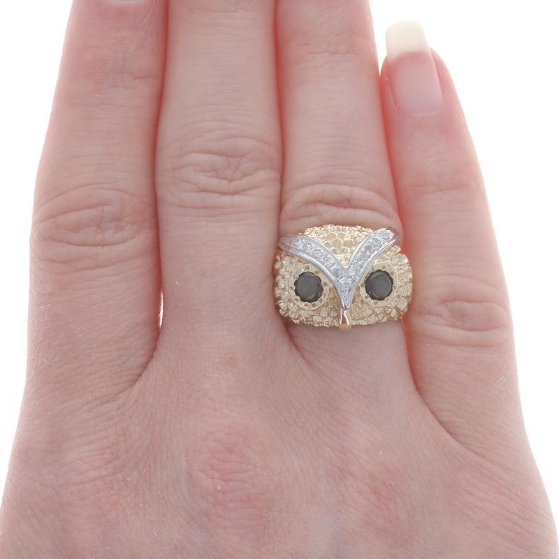 Gelbgold Schwarzer Saphir Diamant Vintage Eule Dome Ring 14k Cab.88ctw Wise Bird (Rundschliff)