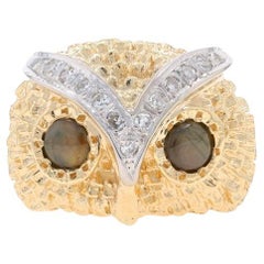 Yellow Gold Black Sapphire Diamond Vintage Owl Dome Ring 14k Cab.88ctw Wise Bird