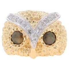 Gelbgold Schwarzer Saphir Diamant Vintage Eule Dome Ring 14k Cab.88ctw Wise Bird