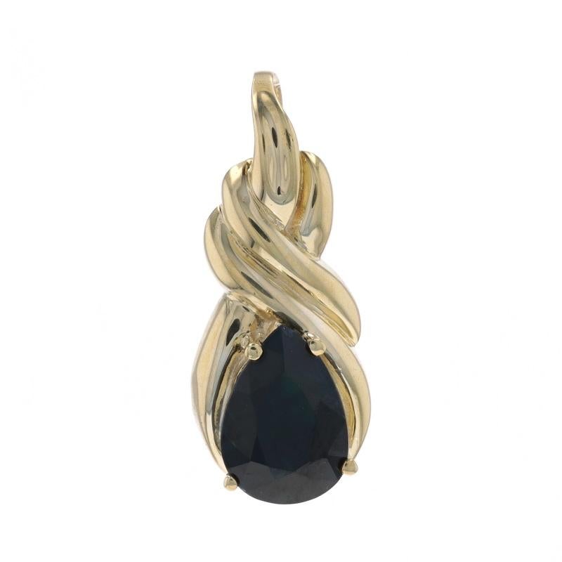 Metal Content: 10k Yellow Gold

Stone Information
Natural Sapphire
Treatment: Heating
Carat(s): 2.50ct
Cut: Pear
Color: Black

Total Carats: 2.50ct

Style: Solitaire
Theme: Knot

Measurements
Tall (from stationary bail): 15/16