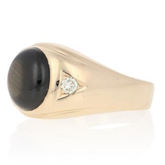 Yellow Gold Black Star Sapphire & Diamond Ring, 14k Oval Cabochon 6.20ctw Men's