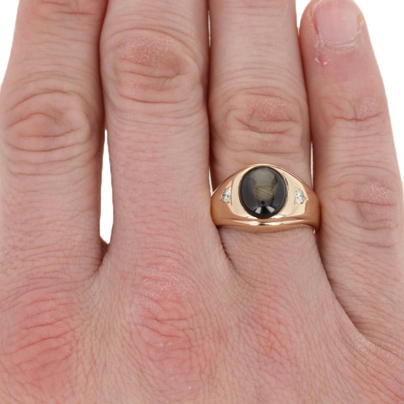 Oval Cut Yellow Gold Black Star Sapphire & Diamond Ring, 14k Oval Cabochon 6.20ctw Men's