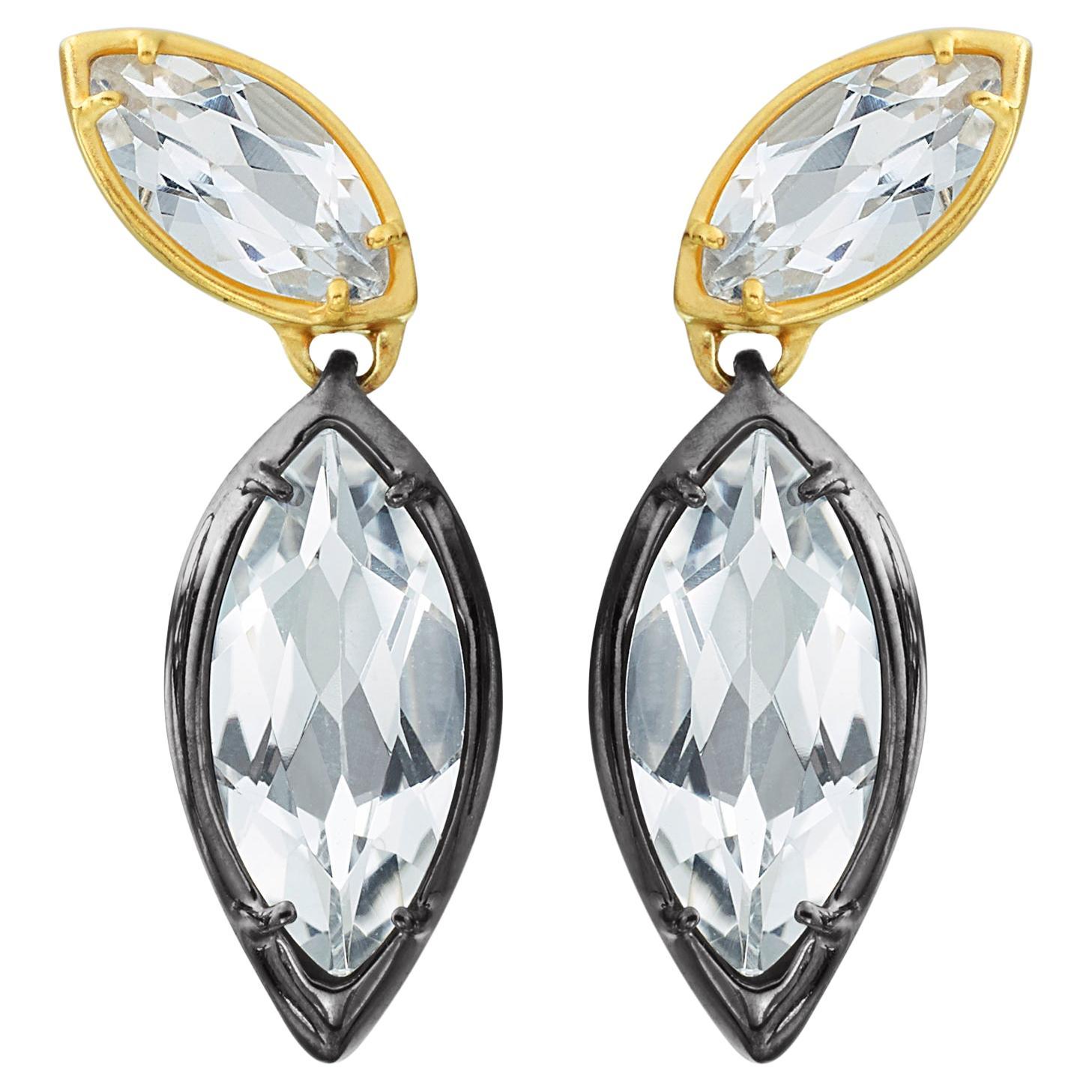 Yellow Gold & Blackened Sterling Silver Drop Earrings with Marquise White Topaz For Sale