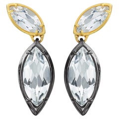 Used Yellow Gold & Blackened Sterling Silver Drop Earrings with Marquise White Topaz