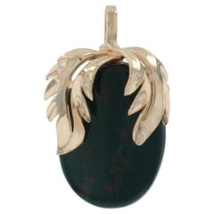 Yellow Gold Bloodstone Botanical Solitaire Pendant - 14k Oval Cabochon Leaves