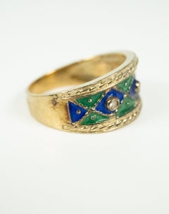 Yellow Gold Blue and Green Enamel Diamond Ring