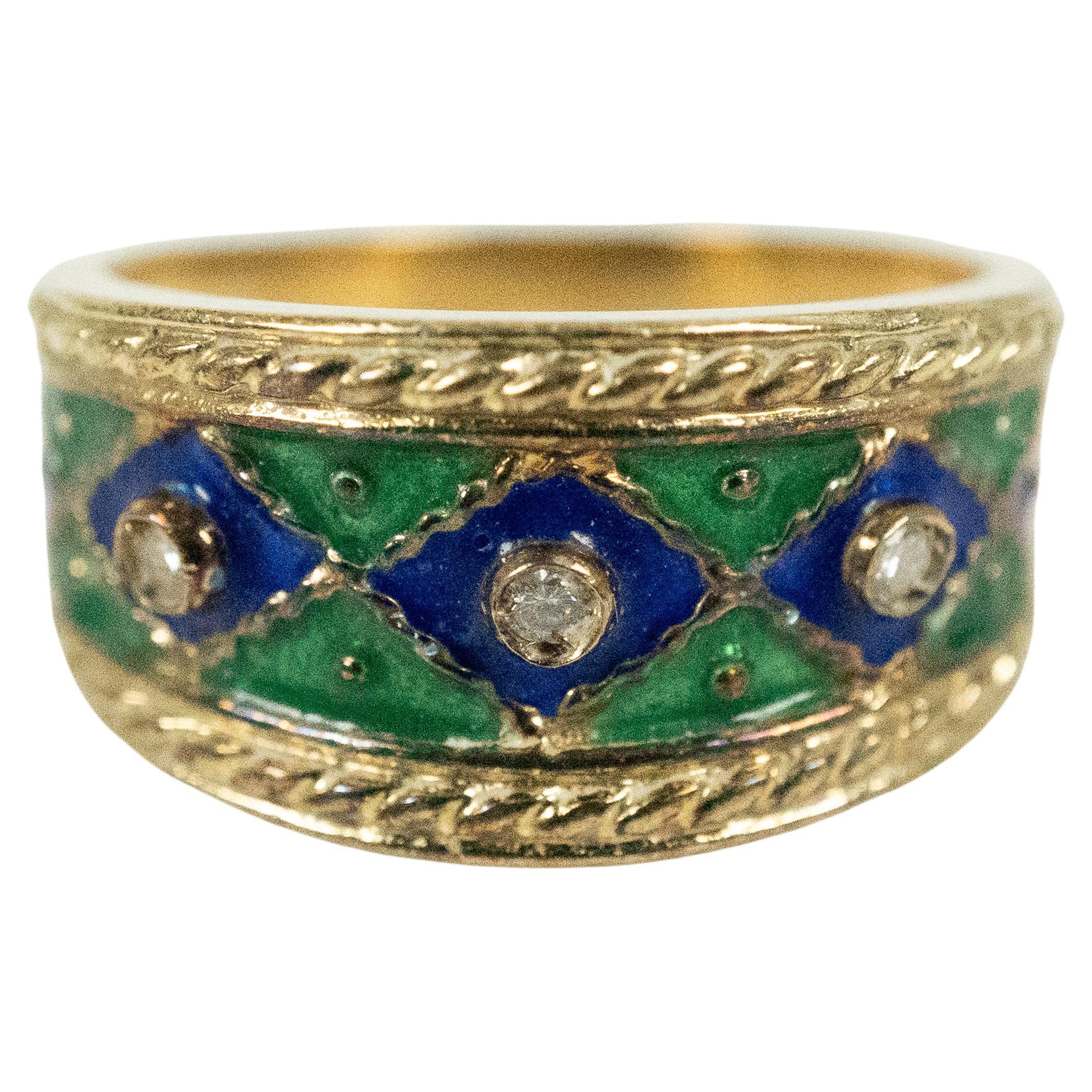 Yellow Gold Blue and Green Enamel Diamond Ring For Sale