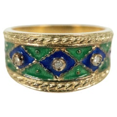 Yellow Gold Blue and Green Enamel Diamond Ring