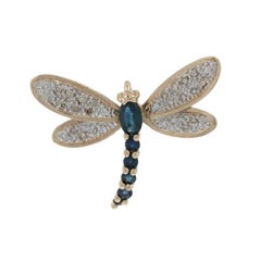 Yellow Gold Blue & Black Sapphire Dragonfly Pendant - 10k Oval .50ctw Insect